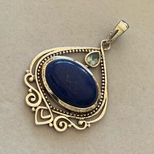 PTI 925 India Sterling Silver Large Blue Lapis Lazuli Statement Necklace Pendant